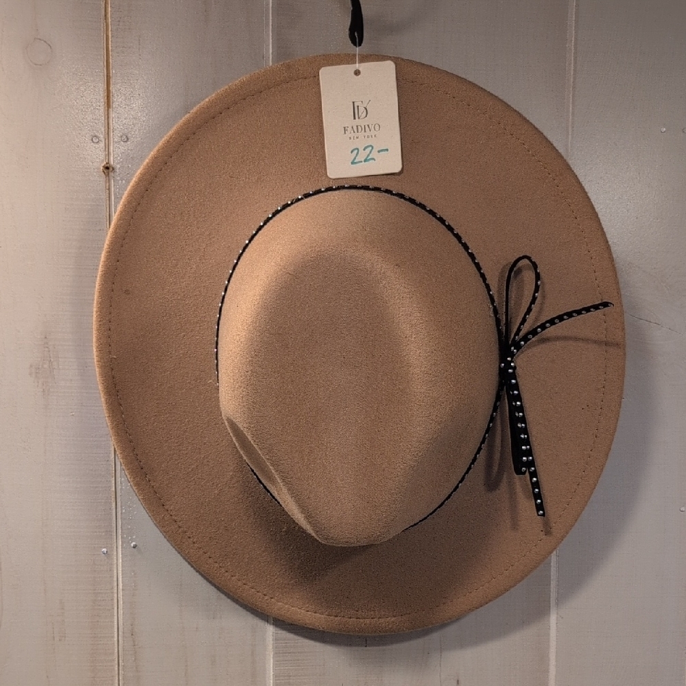 Tan Wide-Brim Hat with Black Ribbon